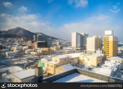 Hakodate city downtown skyline cityscape of Japan in winter 