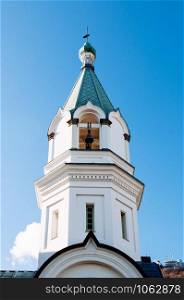 Hakodate Orthodox Church - Russian Orthodox church onion domes bell tower in winter under blue sky. Motomachi - Hakodate, Hakkaido
