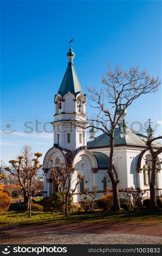 Hakodate Orthodox Church - Russian Orthodox church prayer hall bell tower and garden in winter. Motomachi - Hakodate, Hakkaido