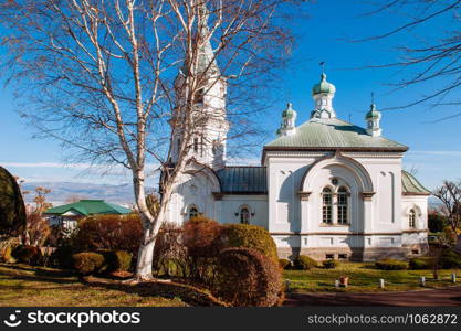 Hakodate Orthodox Church - Russian Orthodox church prayer hall grand windows facade in winter. Motomachi - Hakodate, Hakkaido