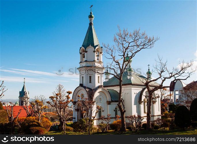 Hakodate Orthodox Church - Russian Orthodox church prayer hall in winter and tree garden. Motomachi - Hakodate, Hakkaido.