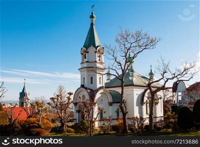 Hakodate Orthodox Church - Russian Orthodox church prayer hall in winter and tree garden. Motomachi - Hakodate, Hakkaido.