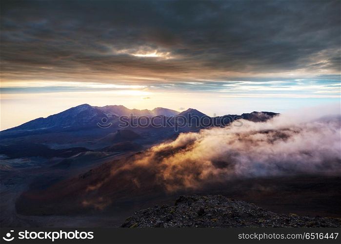 Haleakala. Beautiful sunrise scene on Haleakala volcano, Maui island, Hawaii