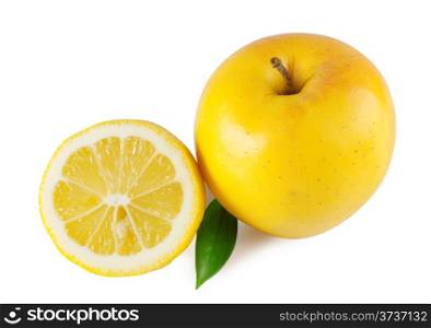 Half a lemon and an apple isolated on white background