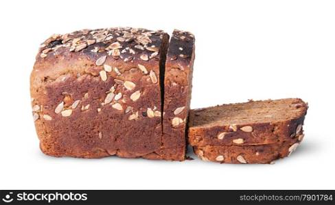 Half and slices of black unleavened bread with seeds isolated on white background