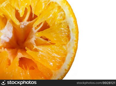 Half cut Mandarin orange pulp after squeezed close up detail isolated on white background