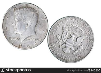 Half dollar coin with J.F. Kennedy portrait