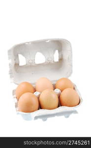 half dozen fresh eggs in a recycled box (isolated on white background)