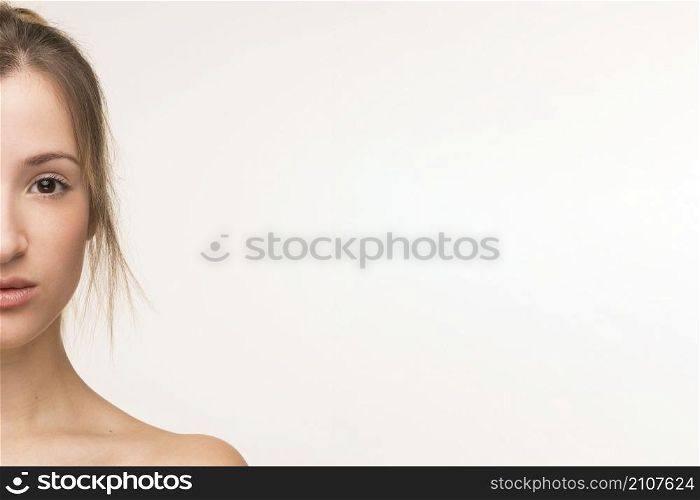 half face woman portrait with copy space