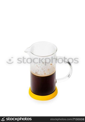 Half full glass French press, without lid, for coffee and tea, isolated on white background