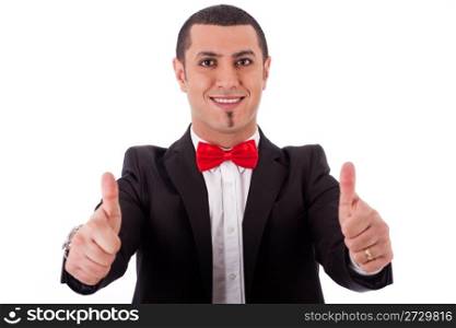Half length of successful business man with thumbs up on a white background