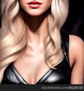 Half-length portrait of a pretty young woman with long blond hair and a black leather dress with a revealing cleavage, made with generative AI