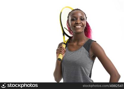 Half length portrait of young woman playing tennis on a dross field. Healthy lifestyle. Isolated white background