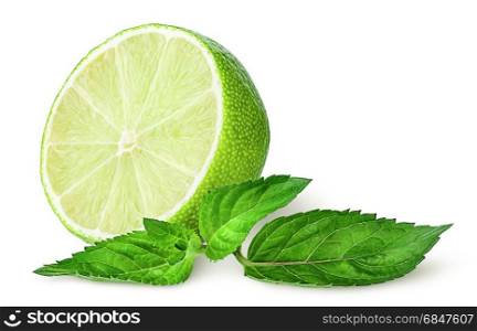 Half lime and sprig of mint isolated on white background