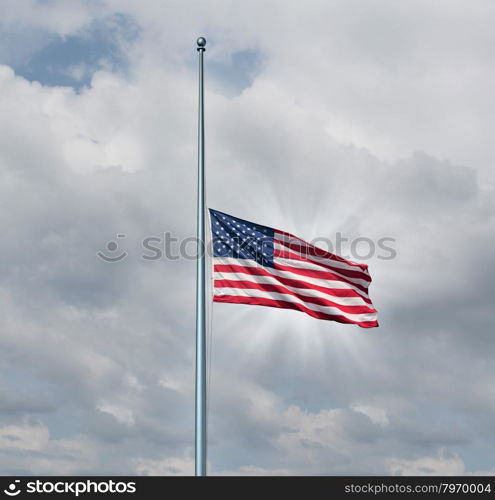 Half mast American flag concept with the symbol of the United States flying at low level on the flagpole or staff on a cloudy day with a sun glow as an icon of honor respect and mourning for fallen heros.