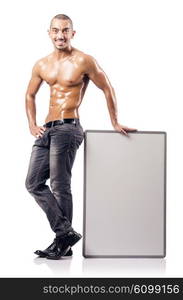 Half naked man with blank board