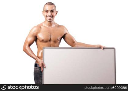 Half naked man with blank board