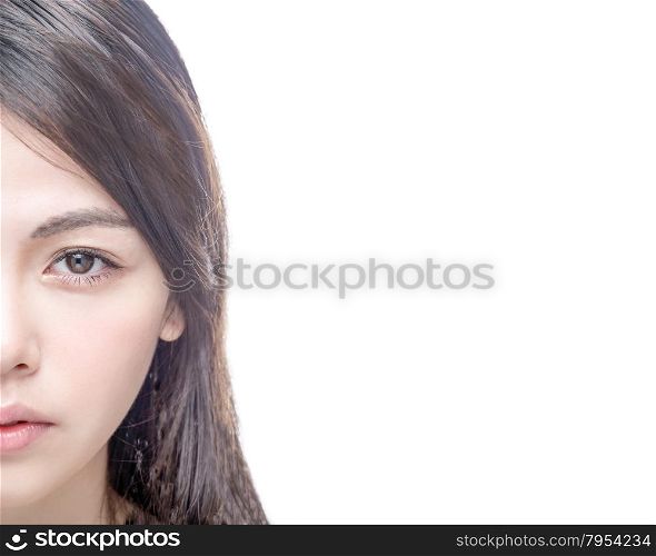 Half of Chinese Asian female face isolated on white background