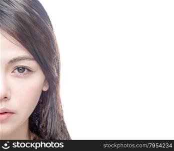 Half of Chinese Asian female face isolated on white background