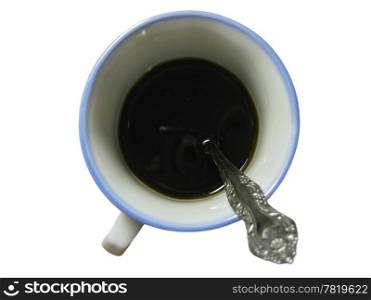 Half of cup black coffee with teaspoon inside isolated