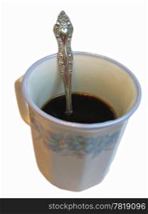 Half of cup black coffee with teaspoon isolatred