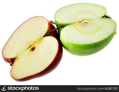 half of green and red apples on white background
