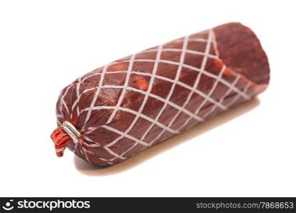 Half of smoked sausage stick isolated on white background