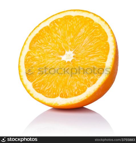 Half orange fruit on white background, fresh and juicy