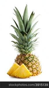 Half pineapple with leaves and cut pieces isolated on white background. Half pineapple with leaves and cut pieces