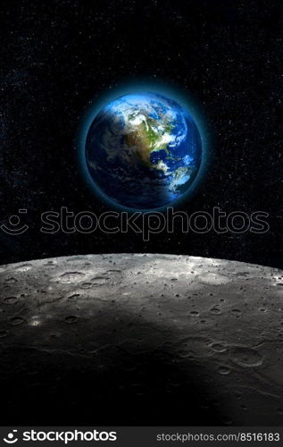 Half Planet Earth seen from the Moon, dark starry space sky background. Some image elements provided by NASA.