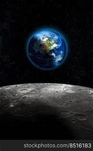 Half Planet Earth seen from the Moon, dark starry space sky background. Some image elements provided by NASA.