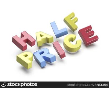 Half price promo text with colorful letters on white background