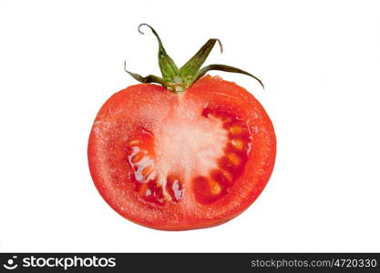 Half red ripe tomato isolated over white background