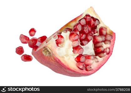 Half ripe pomegranate fruit isolated on white background.