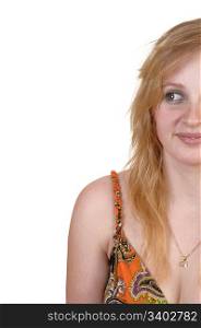 Half the face of a teenager girl in a orange dress and blond hair, leaving onthe left of her a copyspace, for white background.