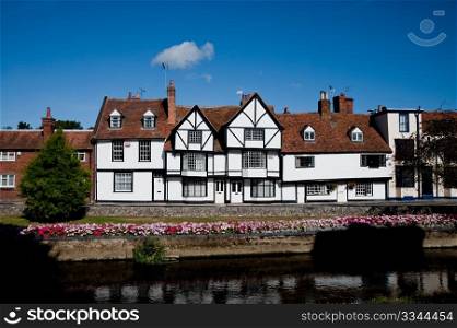 Half-timbered building and Great Stour river in Canterbury
