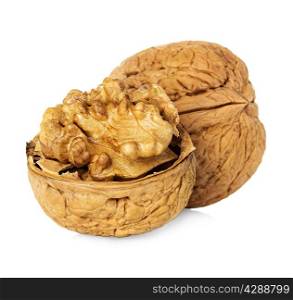 Half walnut kernel and whole walnut isolated on white background