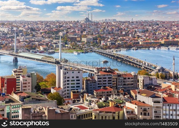 Halic Bridge and Ataturk Bridge between Karakoy and Fatih disctrits of Istanbul, Turkey, aerial view.