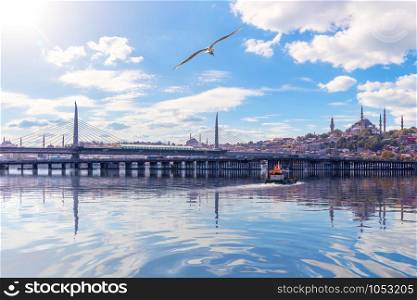 Halic Metro Bridge and famous Mosques of Istanbul, Turkey.. Halic Metro Bridge and famous Mosques of Istanbul, Turkey