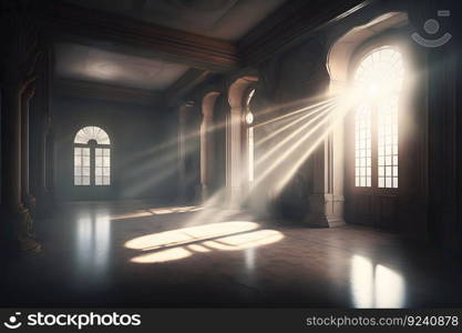 Hall with rays of light for meditation. spiritual temple. Neural network AI generated art. Hall with rays of light for meditation. spiritual temple. Neural network AI generated