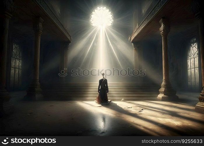 Hall with rays of light for meditation. spiritual temple. Neural network AI generated art. Hall with rays of light for meditation. spiritual temple. Neural network AI generated