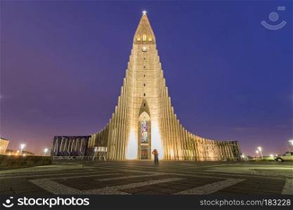 Hallgrimskirkja Cathedral Reykjavik Iceland at sunset twilight