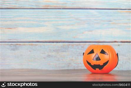 halloween background decorated holidays festive concept / jack o lantern pumpkin halloween decorations on white wooden background for party accessories object