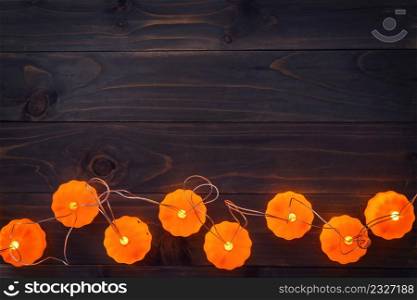 Halloween background, Pumpkin String Lights On Wooden Table