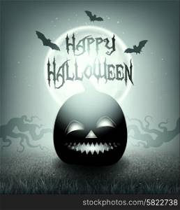 Halloween Background With Field, Moon, Grass, Bat, Cute Pumpkin And Title Inscription