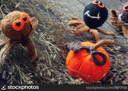 Halloween background with handmade pumpkin, funny spider, with knitted decoration for holiday seasonal, scary festival on october, orange is symbol color, so amazing with starfish, woolen spider