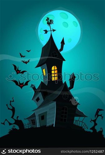 Halloween background with haunted house, bats and full moon