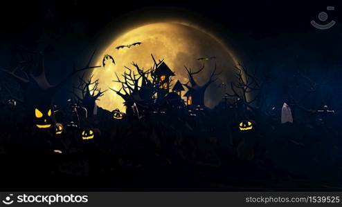 Halloween background with haunted house, ghost, bats and pumpkins, graves, at misty night spooky with fantastic big moon in sky. 3D rendering