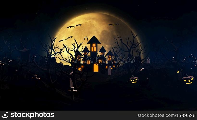 Halloween background with haunted house, ghost, bats and pumpkins, graves, at misty night spooky with fantastic big moon in sky. 3D rendering