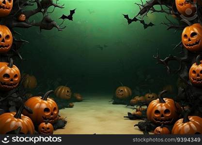 Halloween background with pumpkins and bats - 3d render illustration